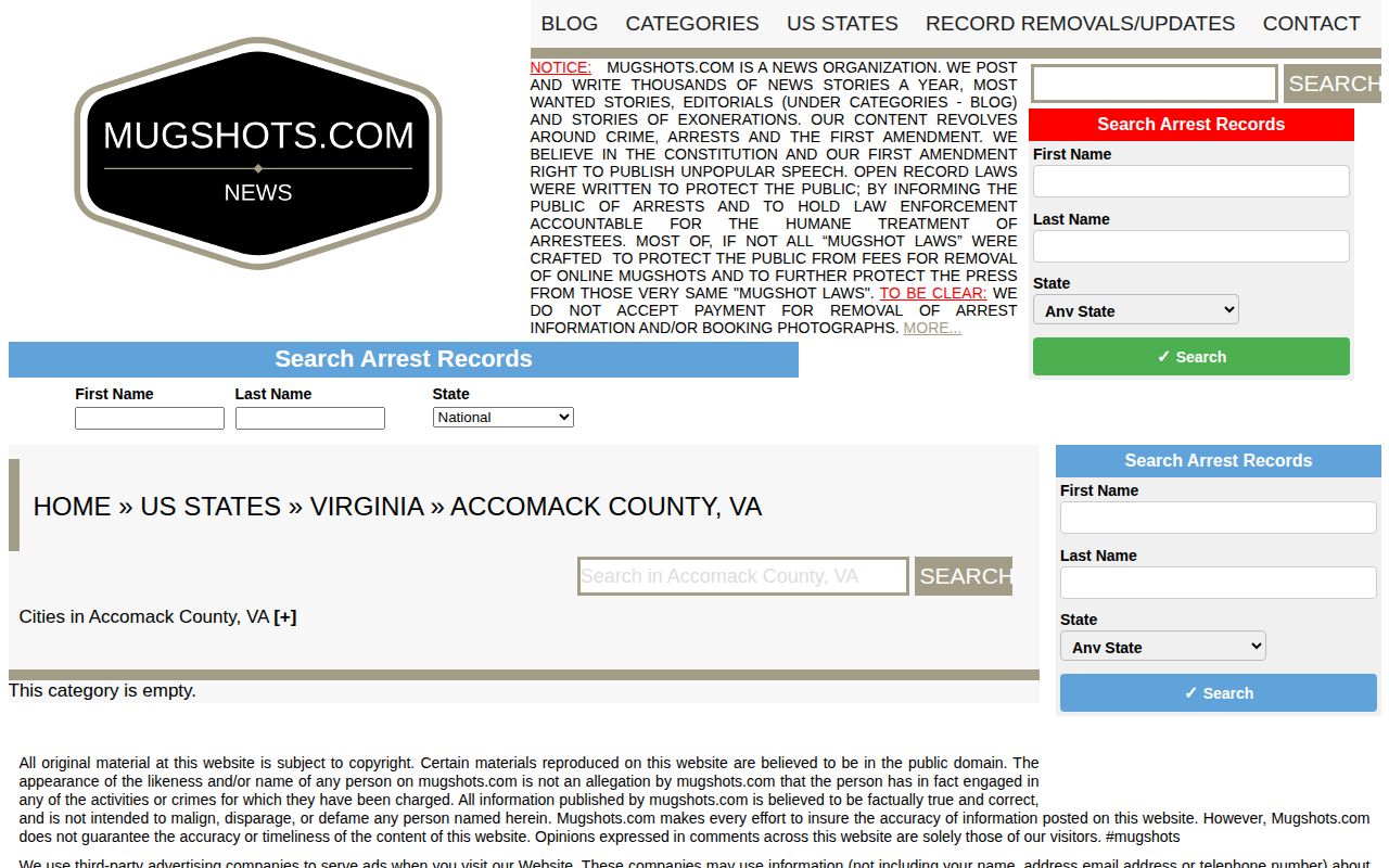 Unofficial Mugshots.com Accomack County landing page with no current category entries