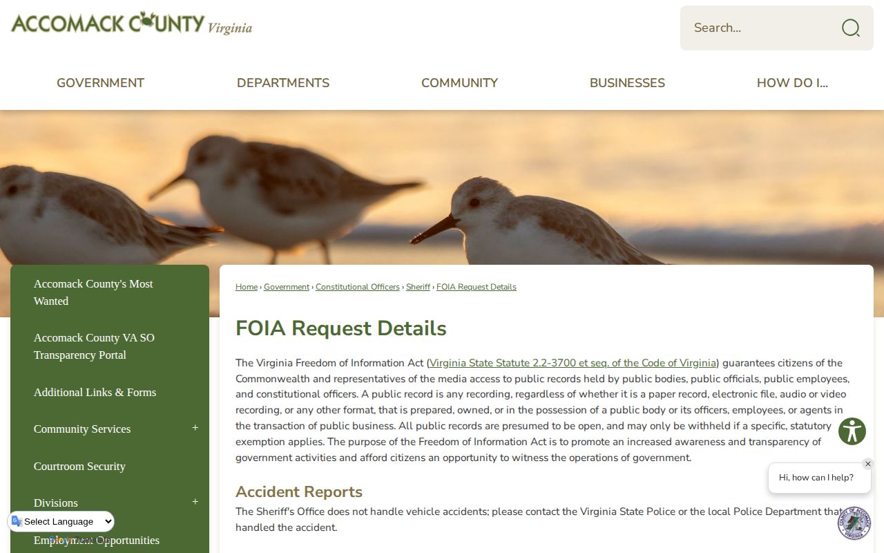 Accomack County adult booking-record FOIA request information