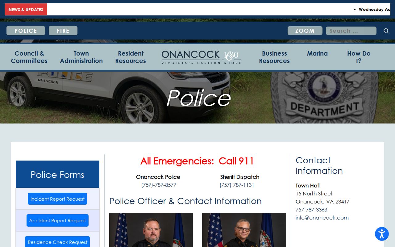 Onancock Police Department contact page for Accomack County arrest-record inquiries